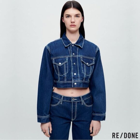 RE/ DONE **NWT** Cropped Chunky Stitch 'Trucker' Indigo Denim Jacket - Picture 8 of 16